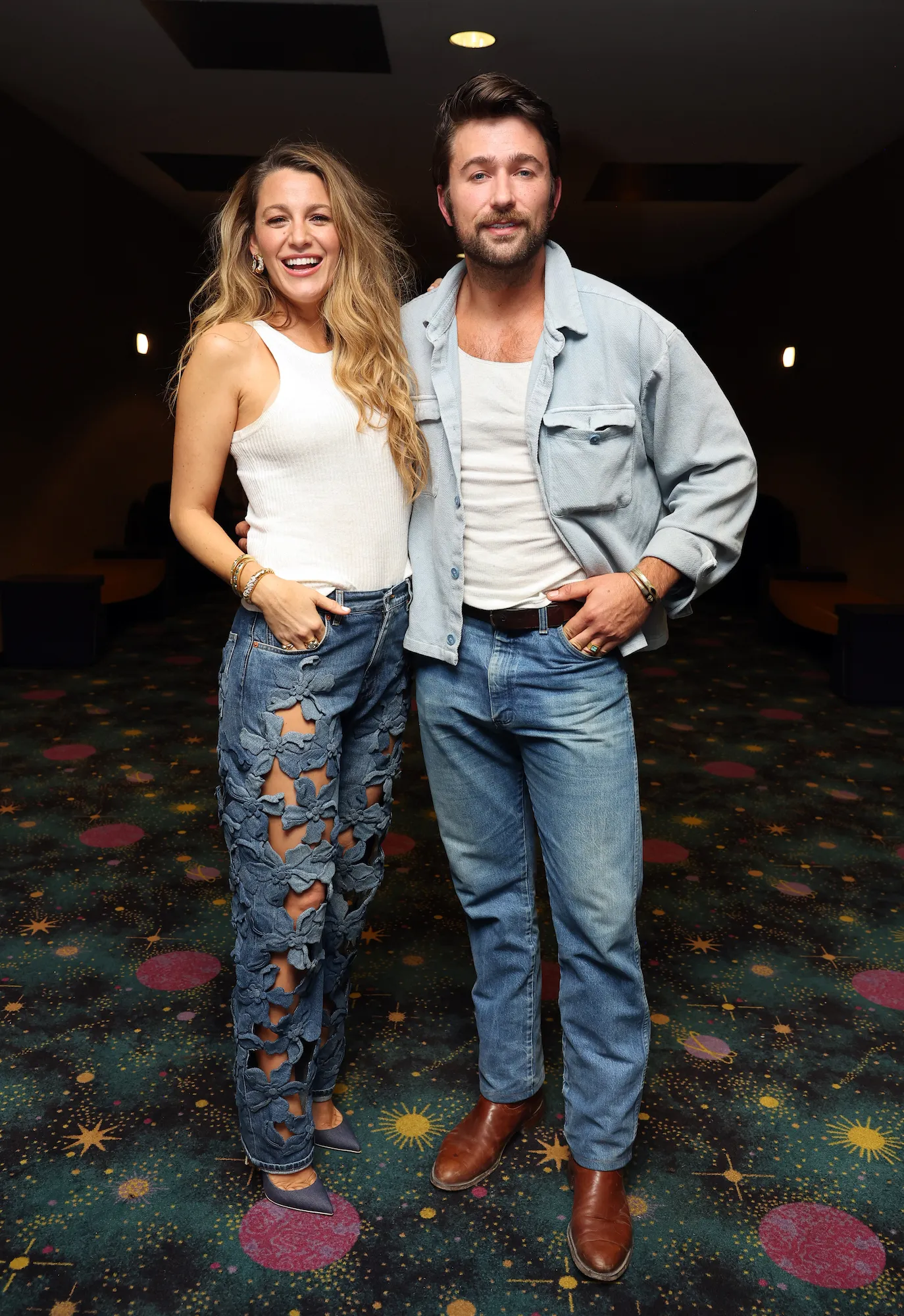 Blake Lively and Brandon Sklenar seen at a surprise screening of IT ENDS WITH US, in theaters August 9 from Columbia Pictures at AMC Grapevine Mills 24 on June 15, 2024 in Grapevine, Texas.