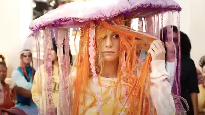 A woman wears a strange hat in 'The Marvels.'