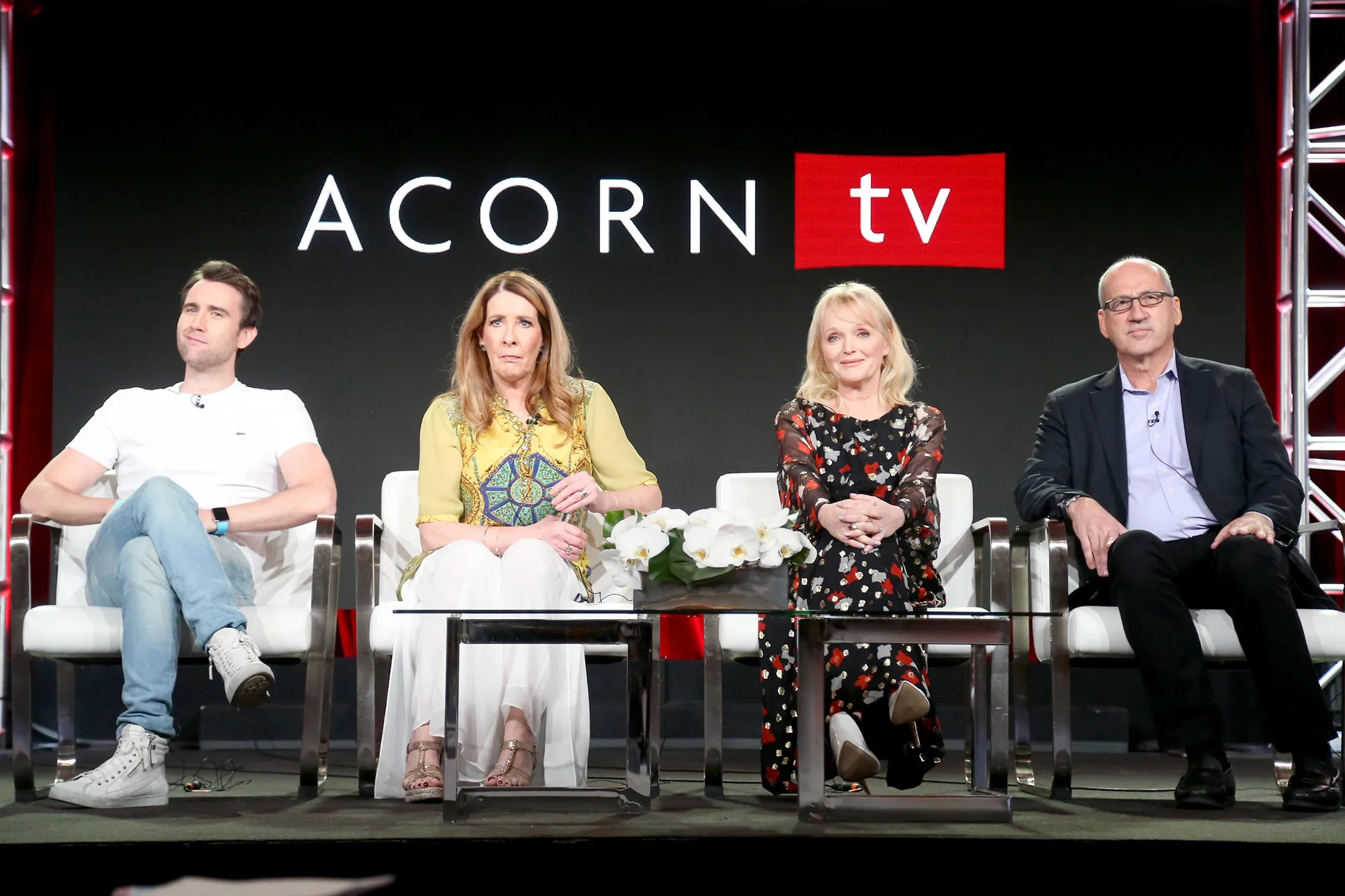 Matthew Lewis, Phyllis Logan and Miranda Richardson at 2018 AcornTV TCA