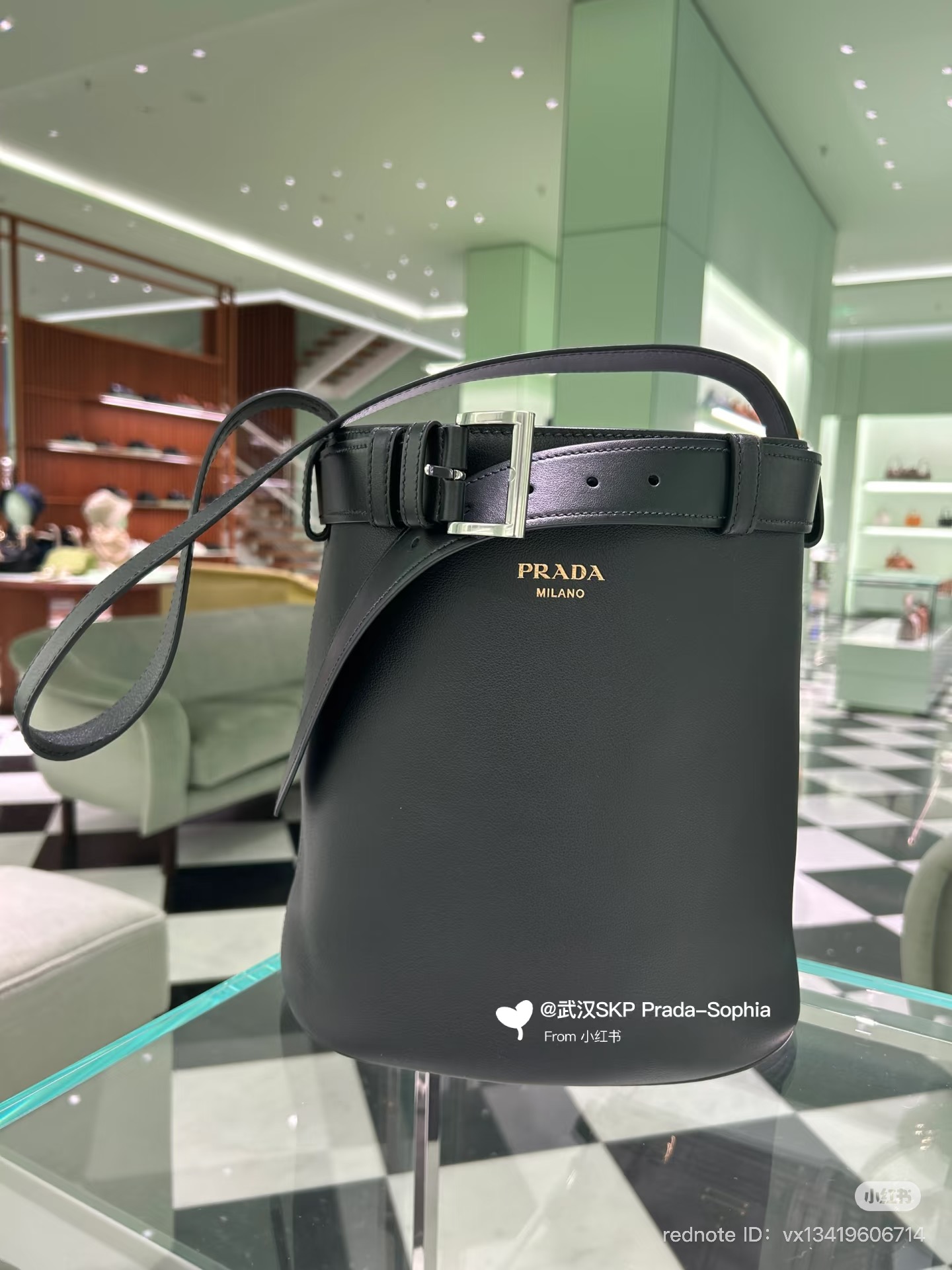 prada belted buckle bucket bag black