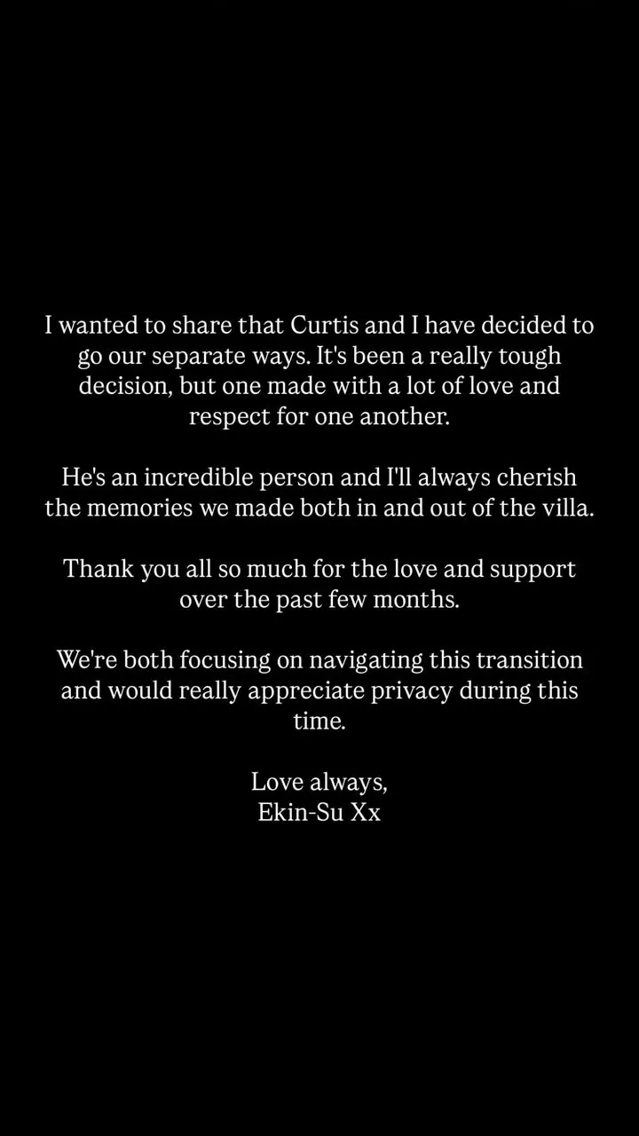 Love Island's Ekin-Su Splits From Curtis After &lsquo;All Stars&rsquo; Romance