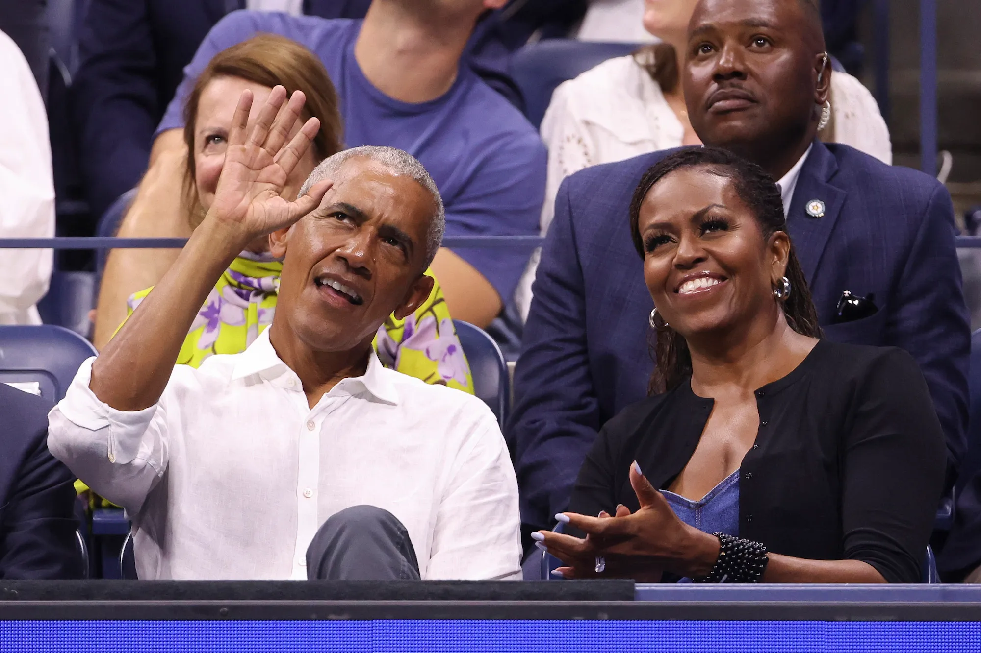 NEW YORK, NEW YORK - AUGUST 28: Former President of the United States Barak Obama and former First Lady Michelle Obama attend opening night on day one of the 2023 US Open at Arthur Ashe Stadium at the USTA Billie Jean King National Tennis Center on August 28, 2023 in the Flushing neighborhood of the Queens borough of New York City. (Photo by Jean Catuffe/GC Images)