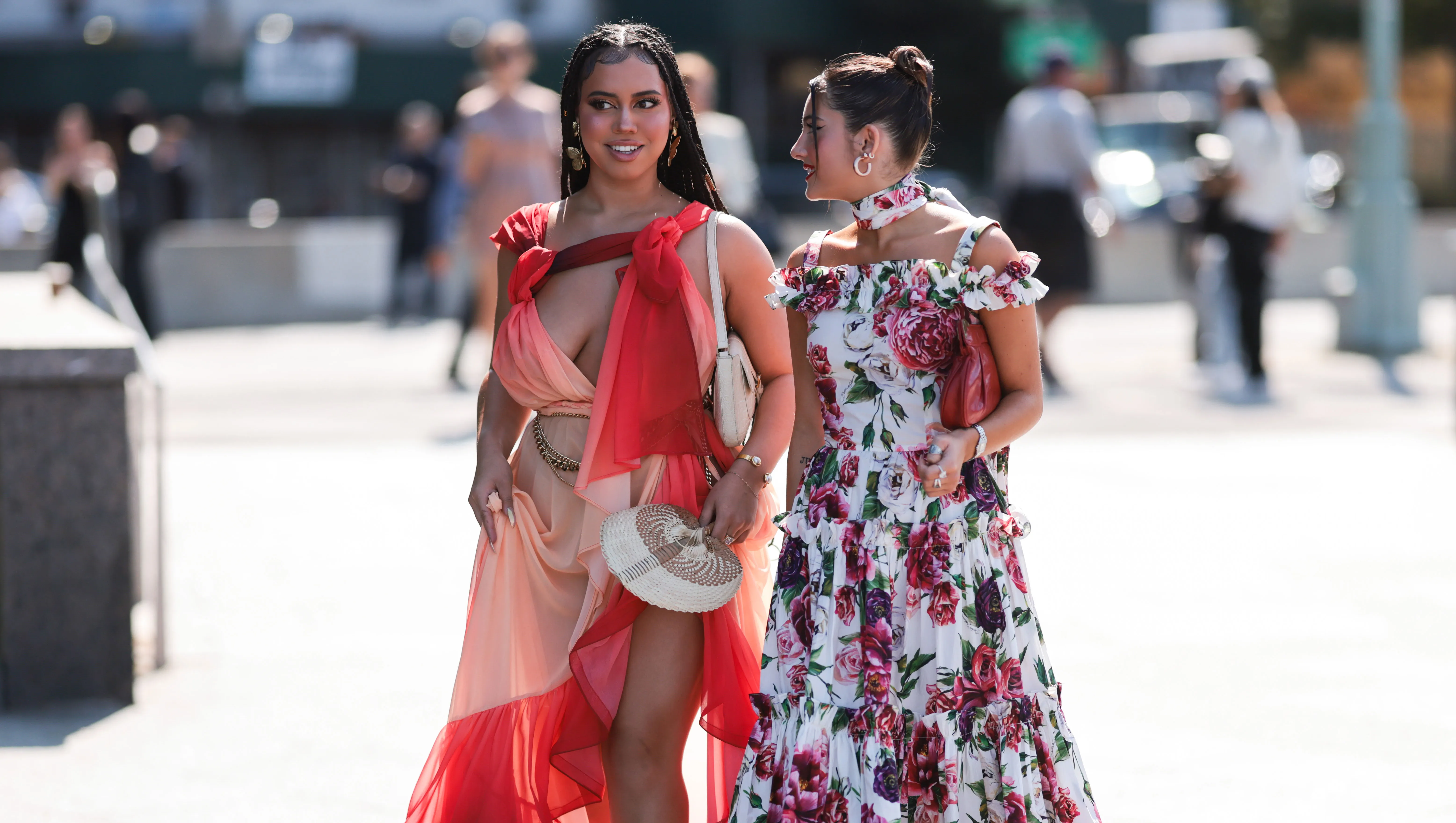 NEW YORK, NEW YORK - SEPTEMBER 09: Fashion week visitors seen wearing colorful dresses, outside Bronx and Banco Show during New York Fashion Week on September 09, 2022 in New York City. (Photo by Jeremy Moeller/Getty Images)
