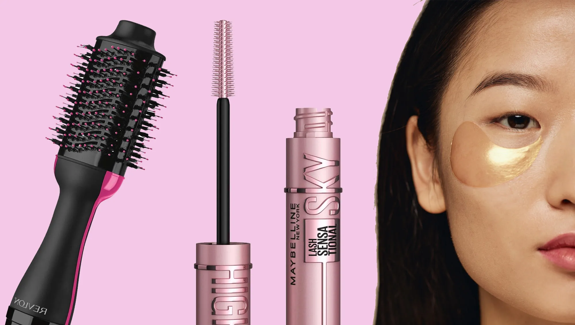 Crop half face closeup studio shot of young Asian woman with collagen patches under eyes looking at camera, copy space
