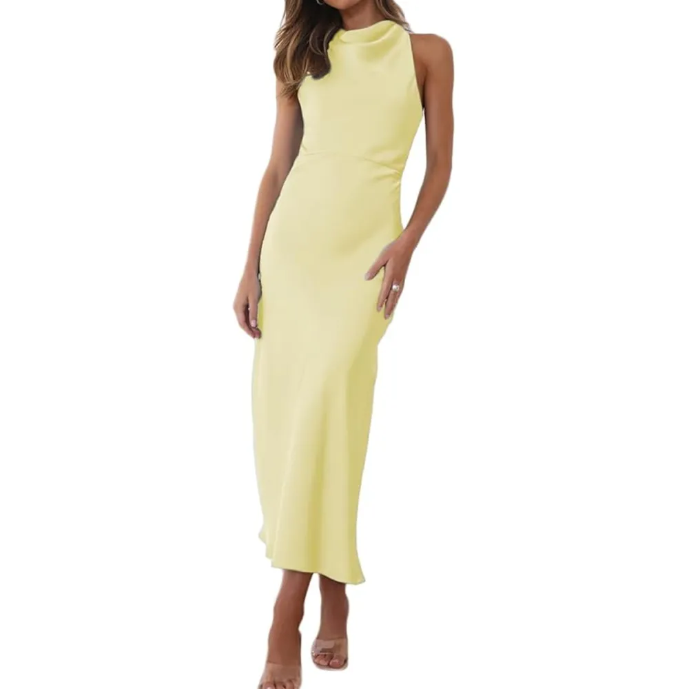 Halfisland Satin High Neck Sleeveless Midi Dresses