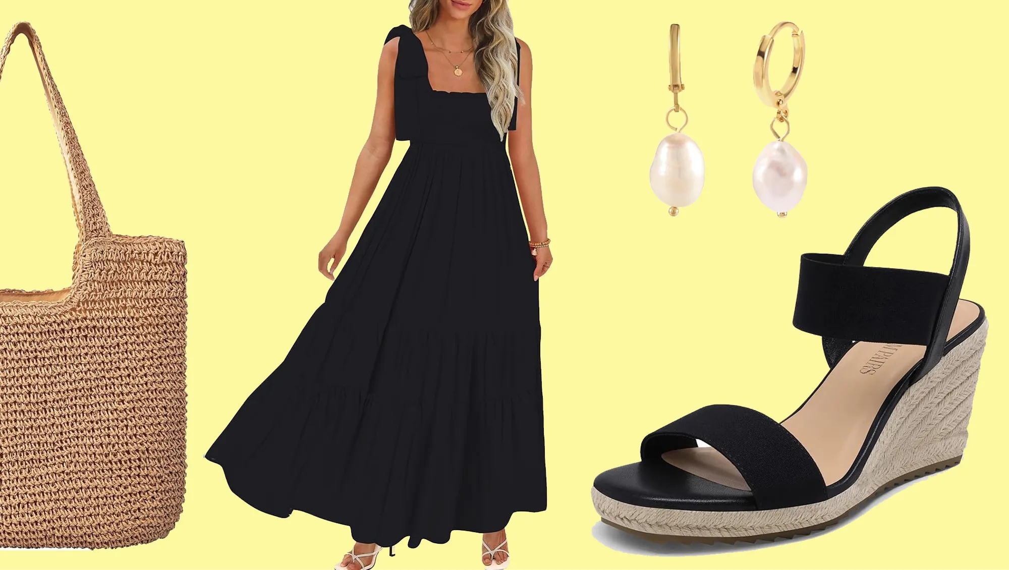 dress, bag, wedges and earrings from Amazon