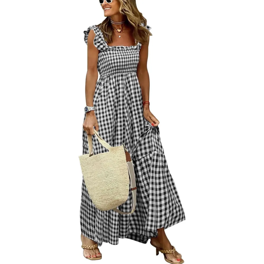 Chouyatou Retro Plaid Smocked Dress Amazon