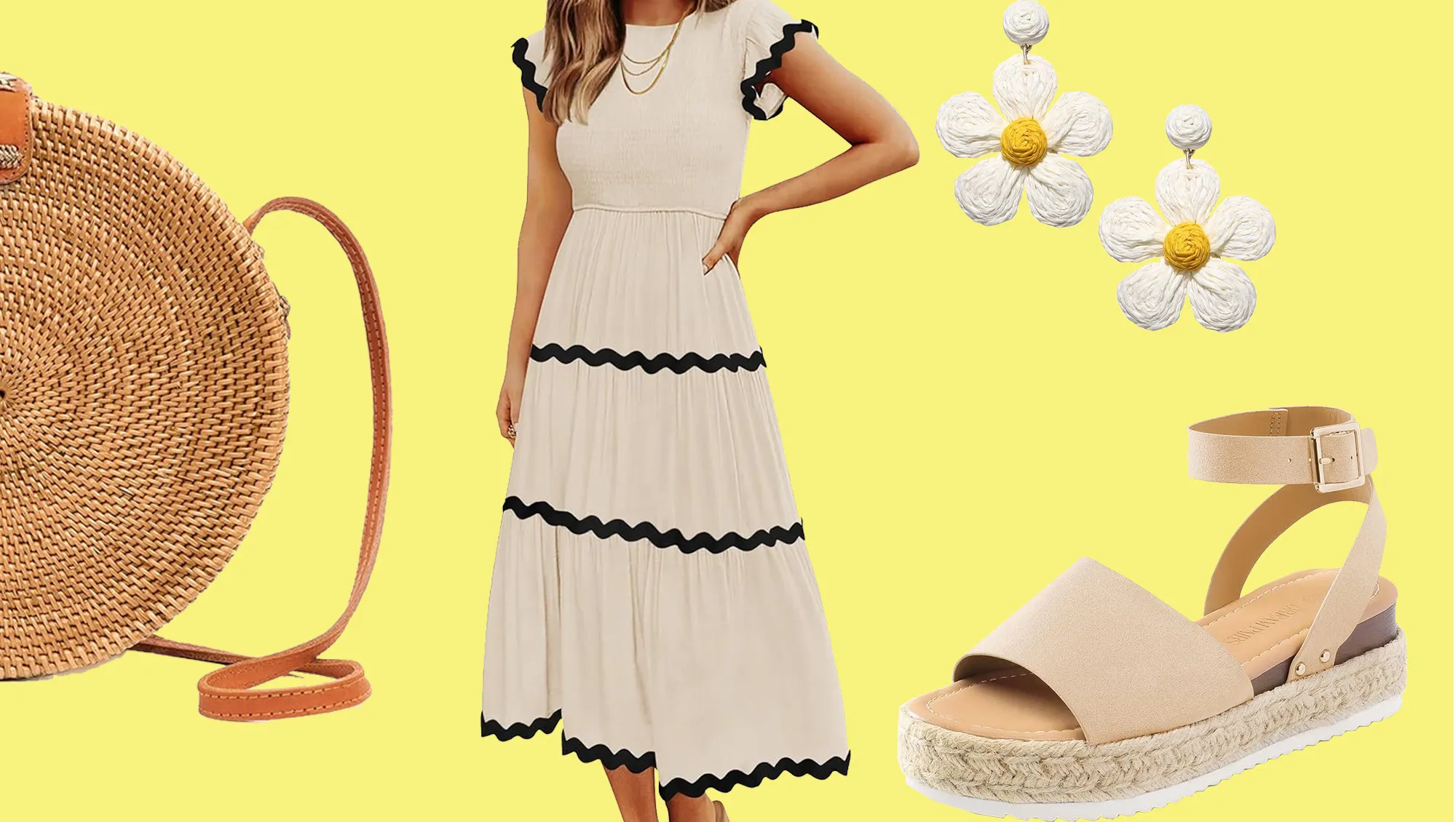 Amazon Summer Fashion Finds Including Dress, Sandals, Purse and Earrings