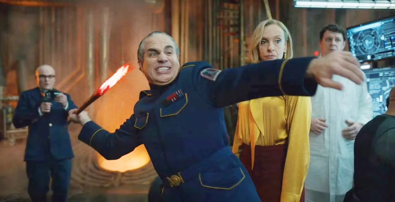 A man throws a spear in 'Mickey 17.'