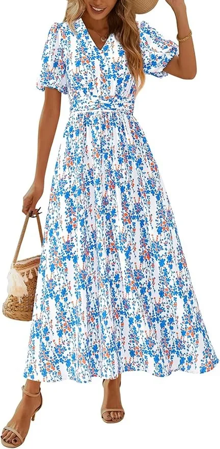 PRETTYGARDEN Summer Maxi Dresses for Women 2025 Floral V Neck Puff Sleeve Empire Waist A Line Flowy Long Beach Boho Dress