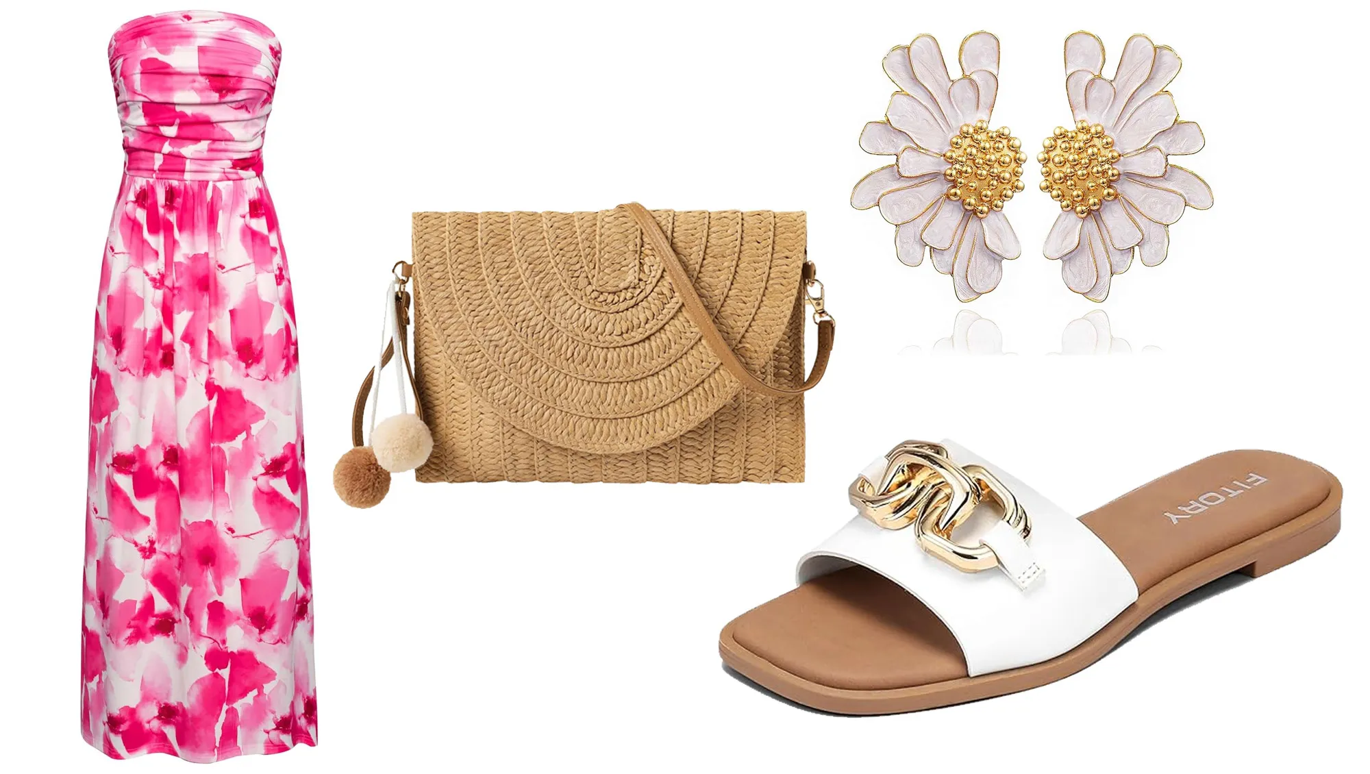 dress, earrings, sandals and clutch on Amazon