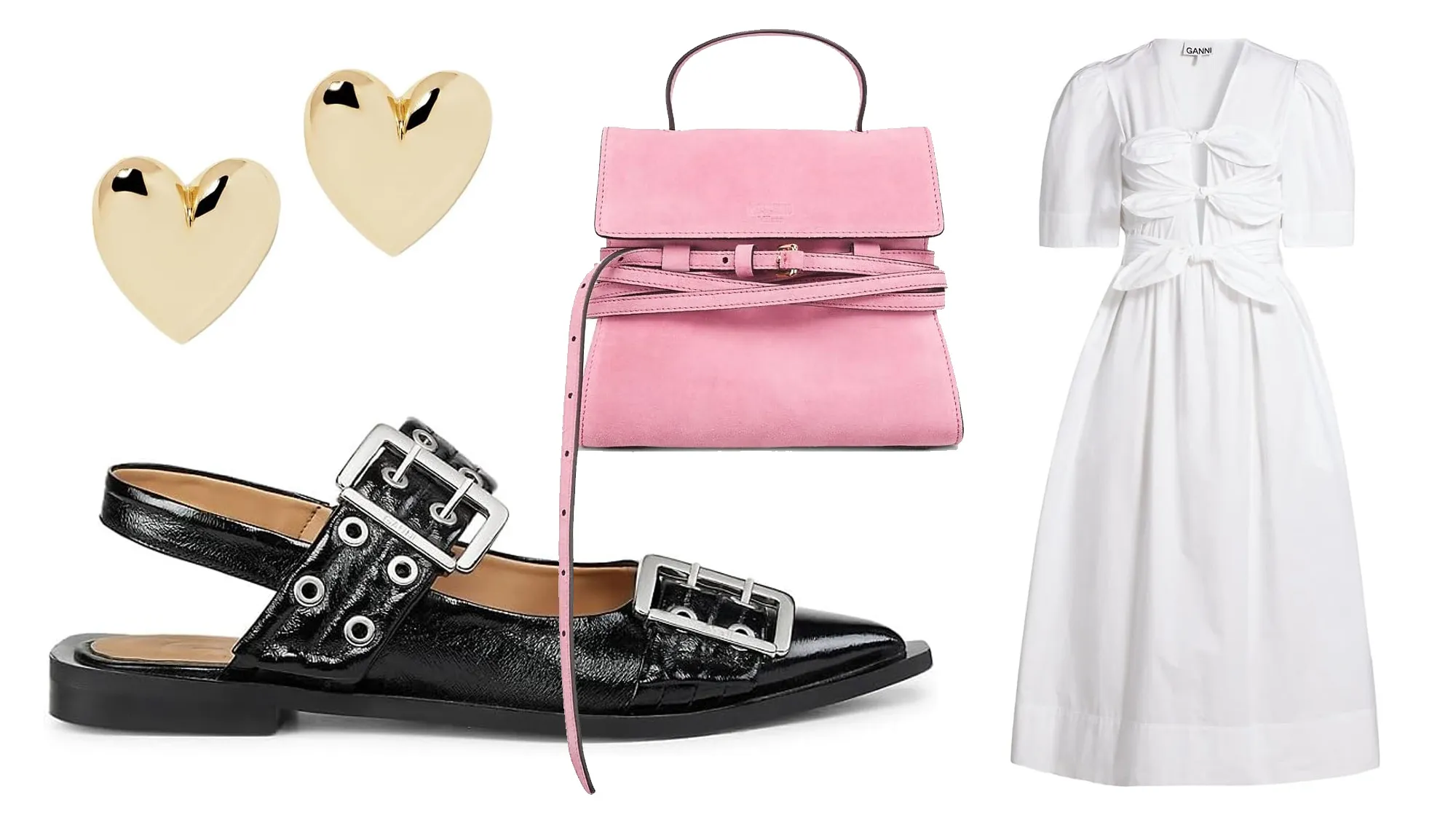 gold earrings, black flats, white dress and pink bag