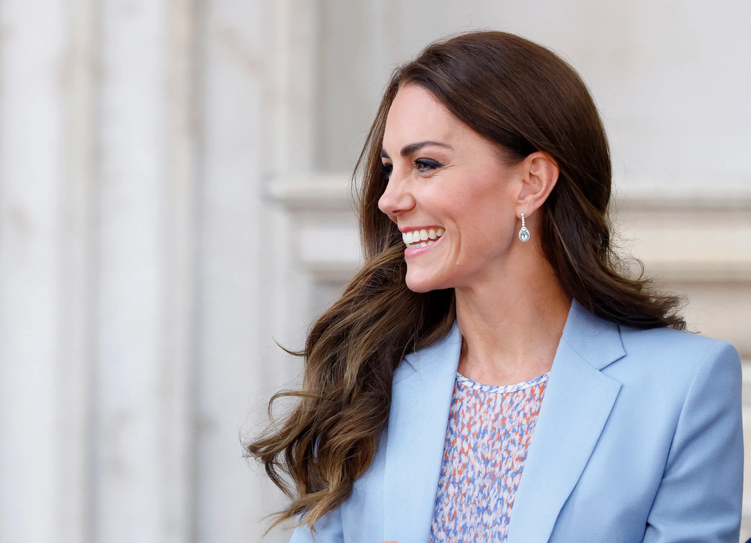 Catherine, Duchess of Cambridge departs after visiting the Fitzwilliam Museum during an official visit to Cambridgeshire on June 23, 2022 in Cambridge, England. Prince William, Duke of Cambridge and Catherine, Duchess of Cambridge are visiting the Fitzwilliam Museum to view a newly unveiled portrait of themselves painted by portrait artist Jamie Coreth.