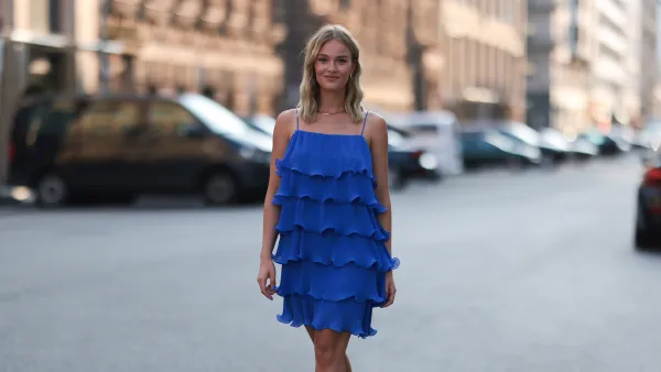 BERLIN, GERMANY - JULY 21: Vivien Wysocki is seen wearing a royal blue & other stories dress, a golden necklace and beige high heels on July 21, 2022 in Berlin, Germany.