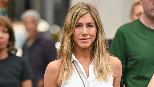 NEW YORK, NEW YORK - JULY 27: Jennifer Aniston is seen filming on location for 'The Morning Show' in the Flatiron District on July 27, 2024 in New York City. (Photo by James Devaney/GC Images)