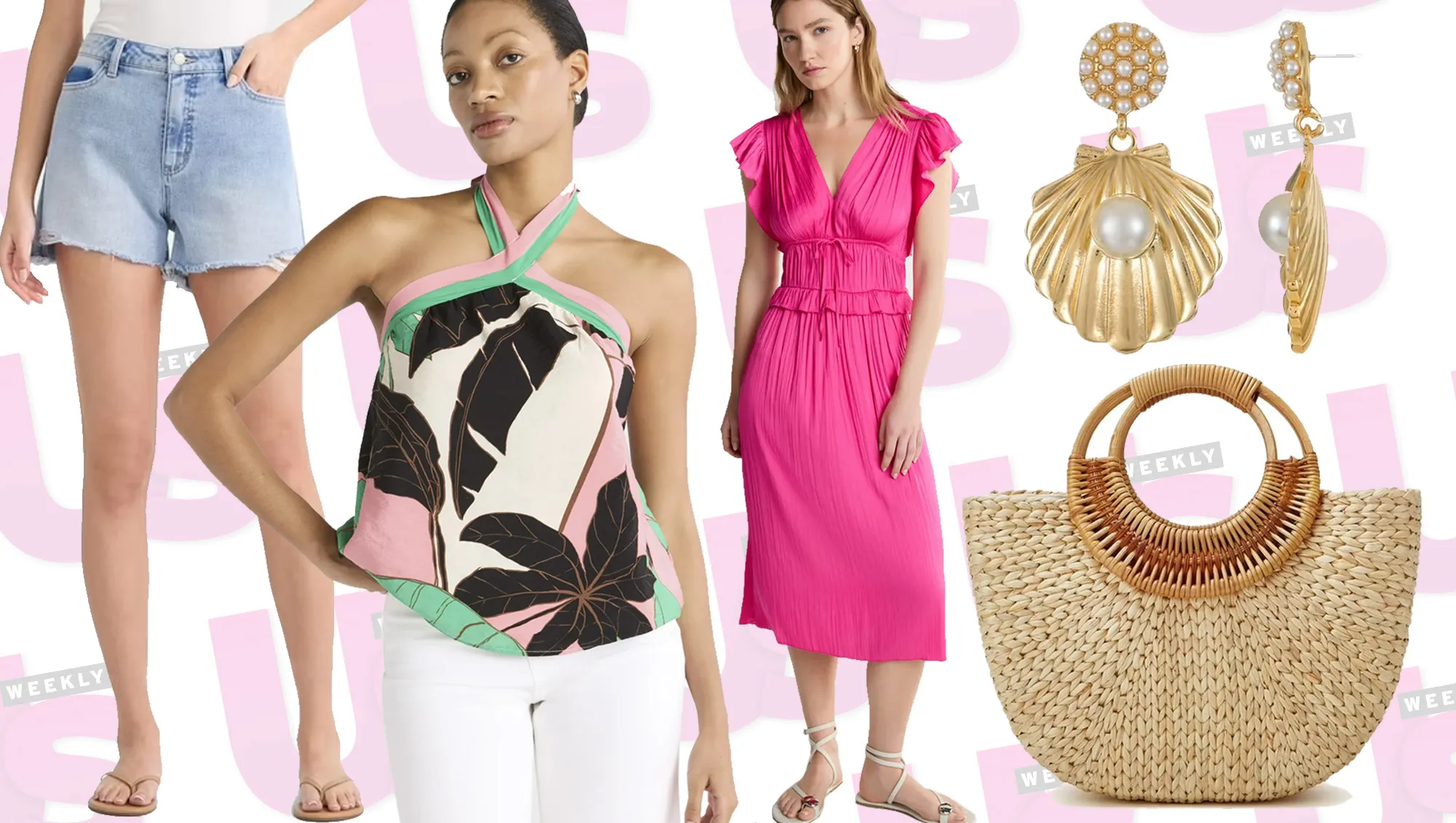 pink dress, blue shorts, woven bag, gold earrings and blouse from Walmart