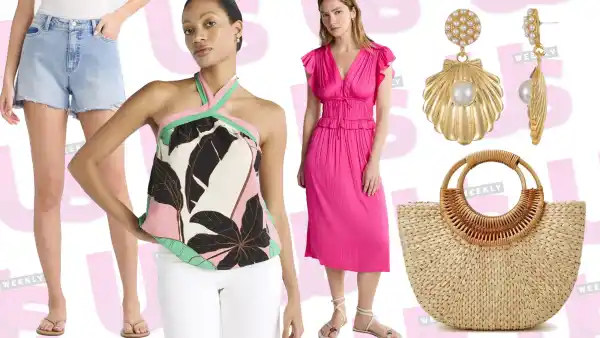 pink dress, blue shorts, woven bag, gold earrings and blouse from Walmart