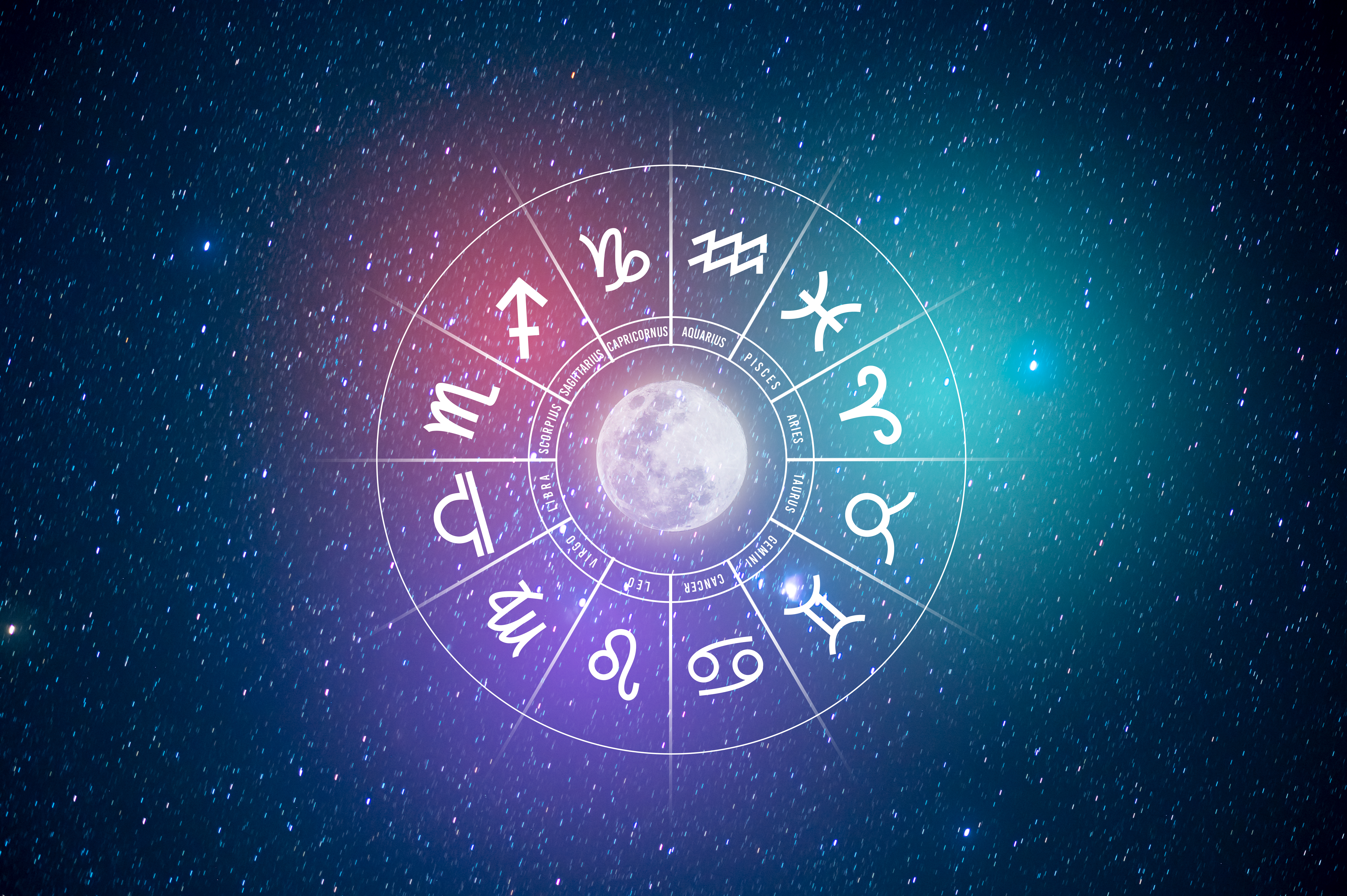 Zodiac signs inside of horoscope circle. Astrology in the sky with many stars and moons astrology and horoscopes concept