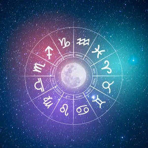 Zodiac signs inside of horoscope circle. Astrology in the sky with many stars and moons astrology and horoscopes concept