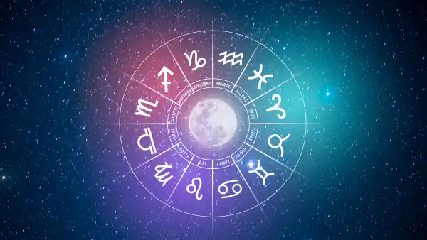 Zodiac signs inside of horoscope circle. Astrology in the sky with many stars and moons astrology and horoscopes concept