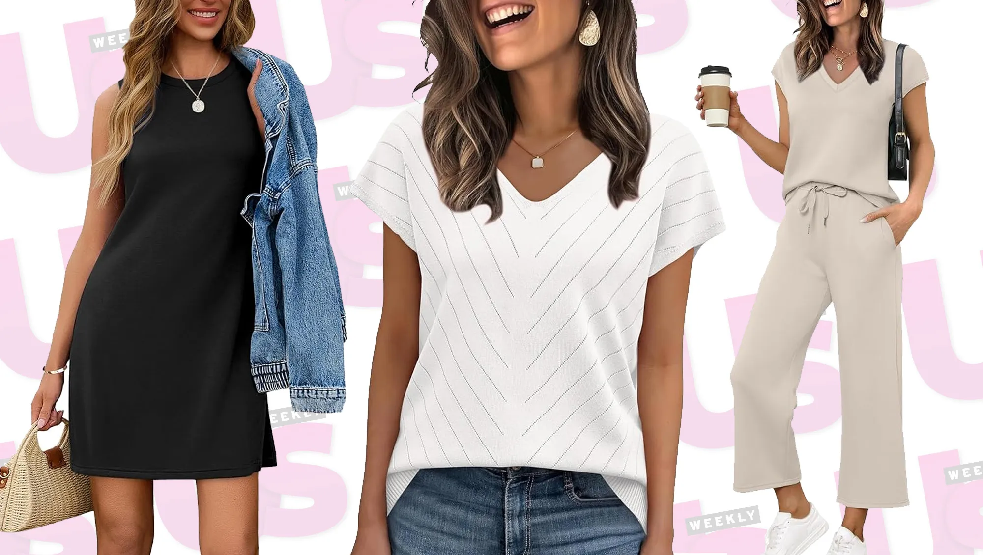 white top, beige sets, black dress Amazon