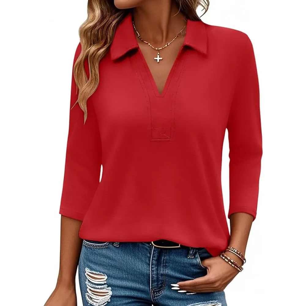 Bellcoco 3/4 Length Sleeve V-Neck Collared Top