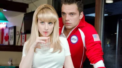 Melissa Rauch and Sebastian Stan in The Bronze