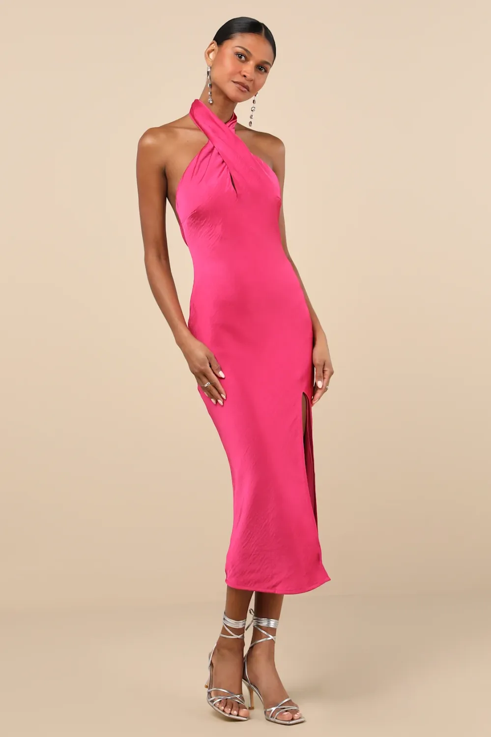 pink halter midi dress
