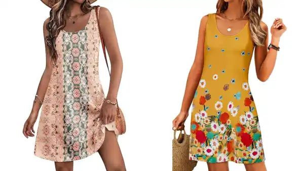 Woman wearing a sleeveless floral boho sundress during summer