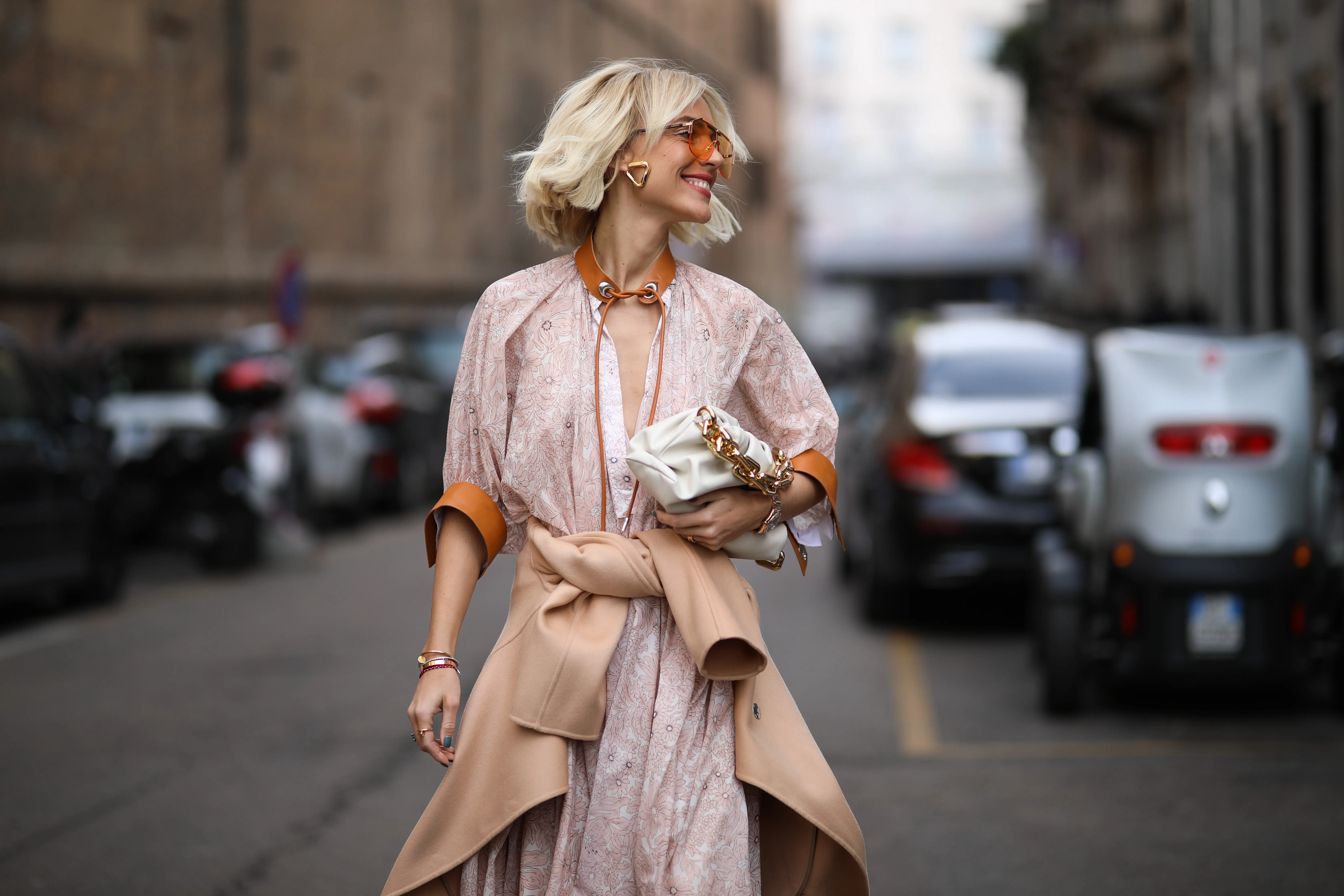 Viktoria Rader is seen wearing a Bottega Veneta bag and heels before Sportmax during Milan Fashion Week Fall/Winter 2020-2021 on February 21, 2020 in Milan, Italy.