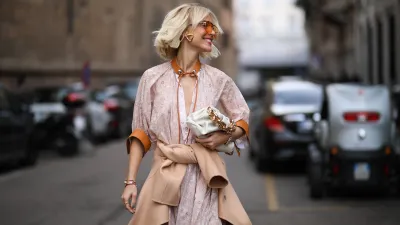 Viktoria Rader is seen wearing a Bottega Veneta bag and heels before Sportmax during Milan Fashion Week Fall/Winter 2020-2021 on February 21, 2020 in Milan, Italy.