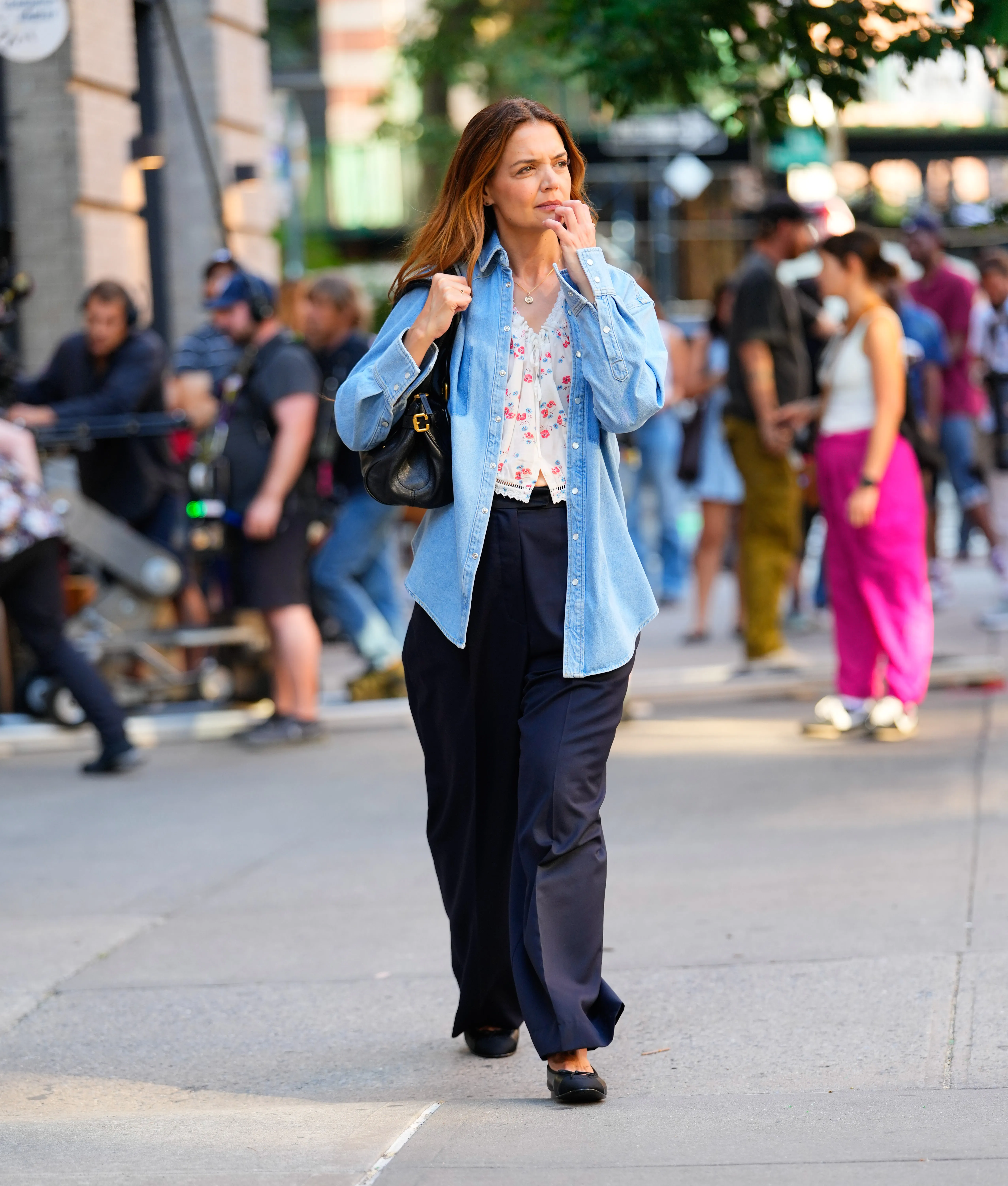 Katie Holmes is seen on the set of "Happy Hour" on July 22, 2025 in New York City.
