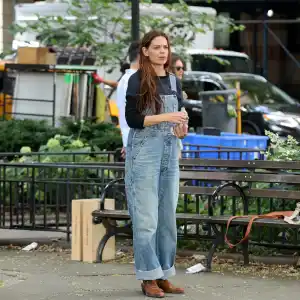 Katie Holmes is seen filming on the set of "Happy Hours" on July 22, 2025 in New York City.