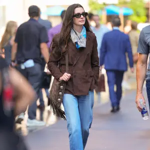 Anne Hathaway is seen on the set of "The Devil Wears Prada" on July 25, 2025 in New York City.