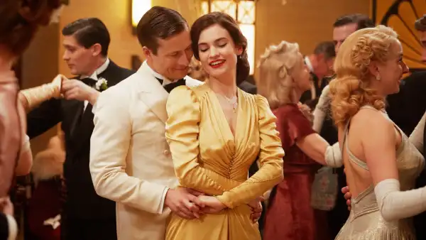 Glen Powell and Lily James inThe Guernsey Literary and Potato Peel Pie Society