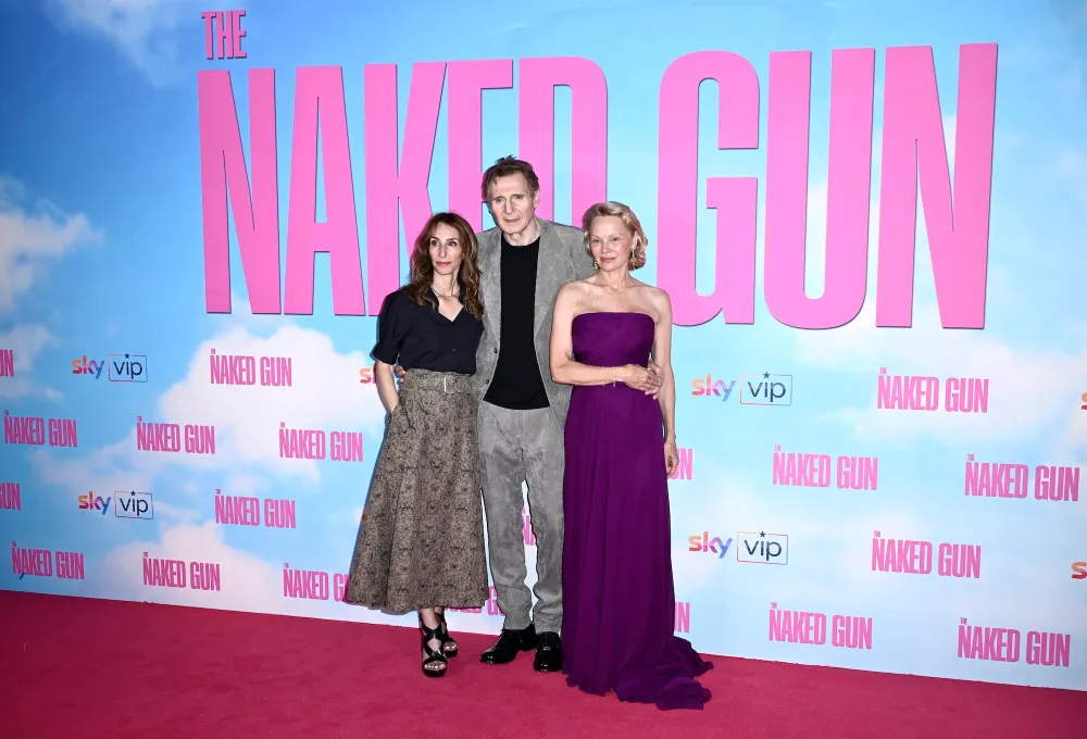 Pamela Anderson Kisses Naked Gun Costar Liam Neeson at UK Premiere Trio