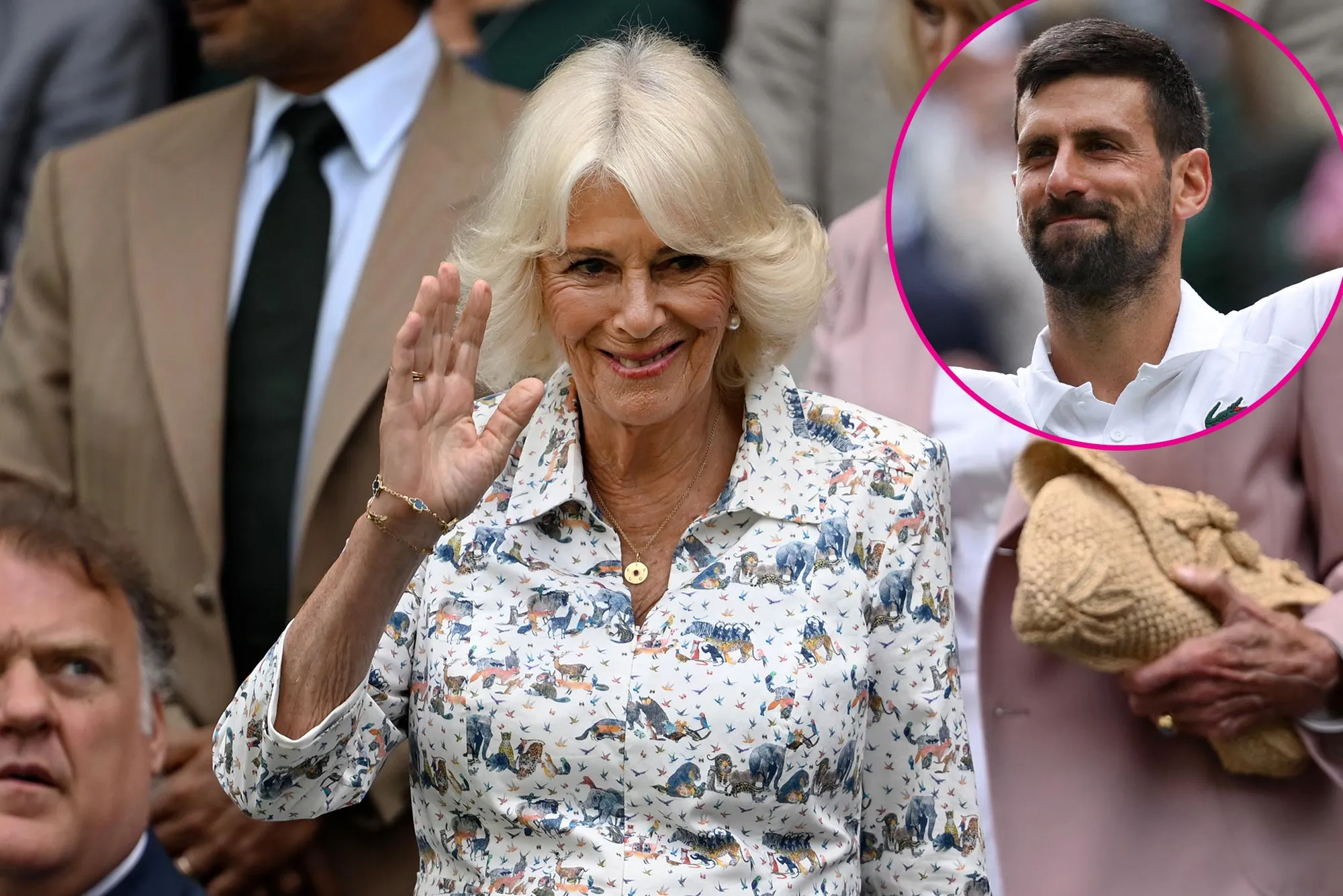 Queen Camilla Meets Novak Djokovic at Wimbledon Watches From the Royal Box GettyImages-2224270551