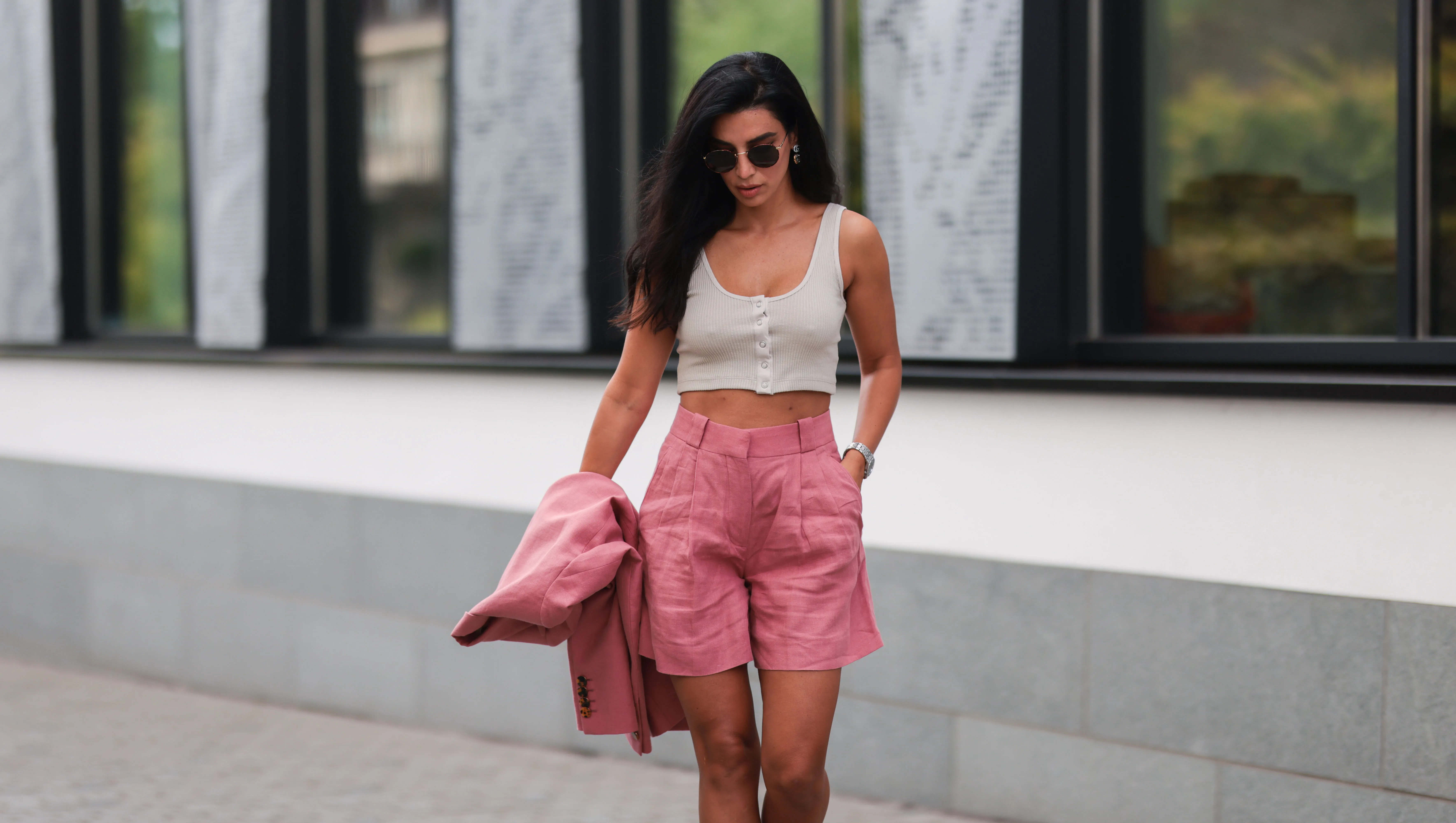 HAMBURG, GERMANY - JULY 27: Semra Hunt wearing Blaze nude pink two piece, Zara white top and Aquazurra brown heels on July 27, 2021 in Hamburg, Germany. (Photo by Jeremy Moeller/Getty Images)