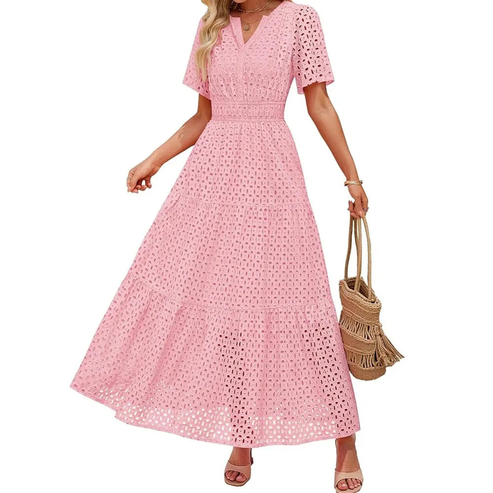 Zesica Short Sleeve Eyelet Swing Maxi Dress
