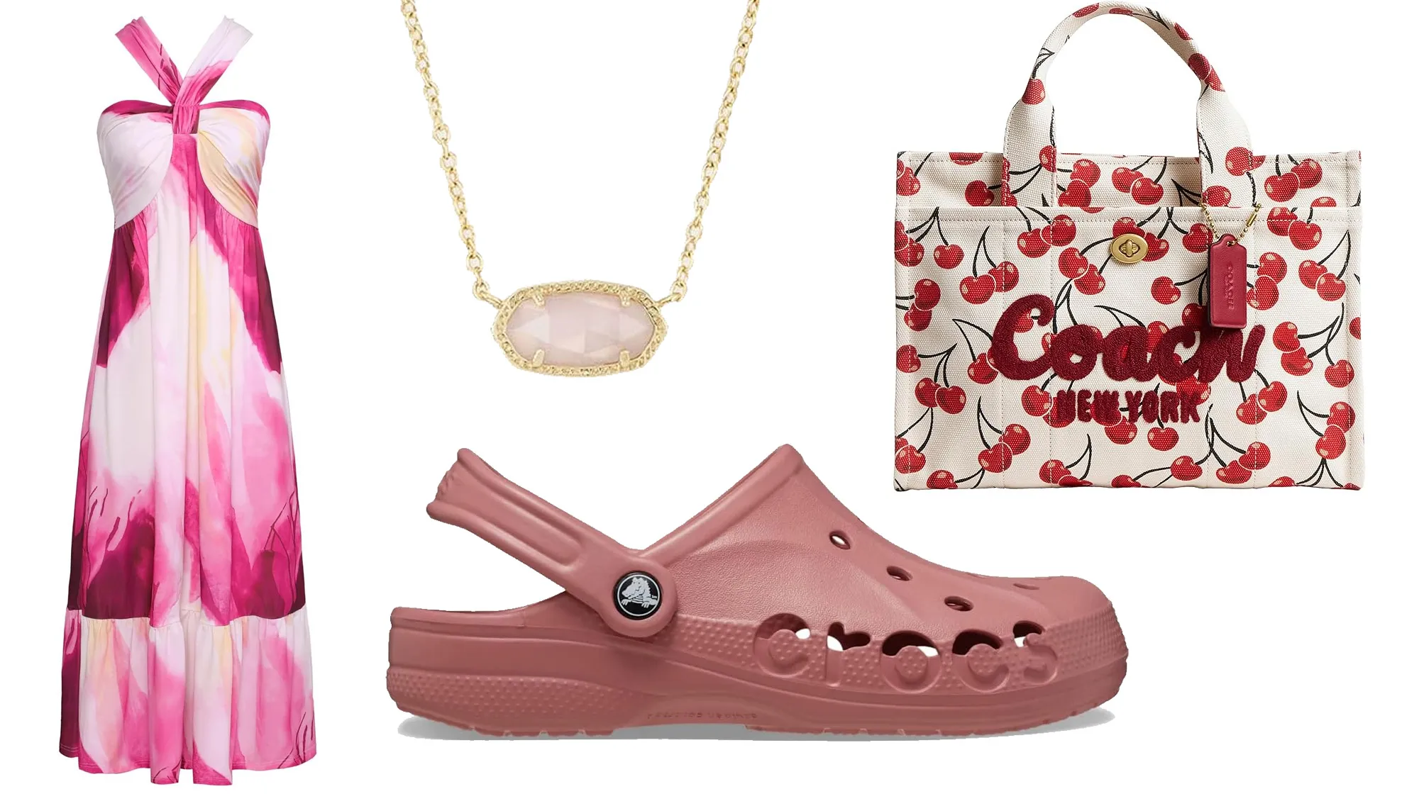 pink dress, coach tote, crocs shoes and kendra scott necklace