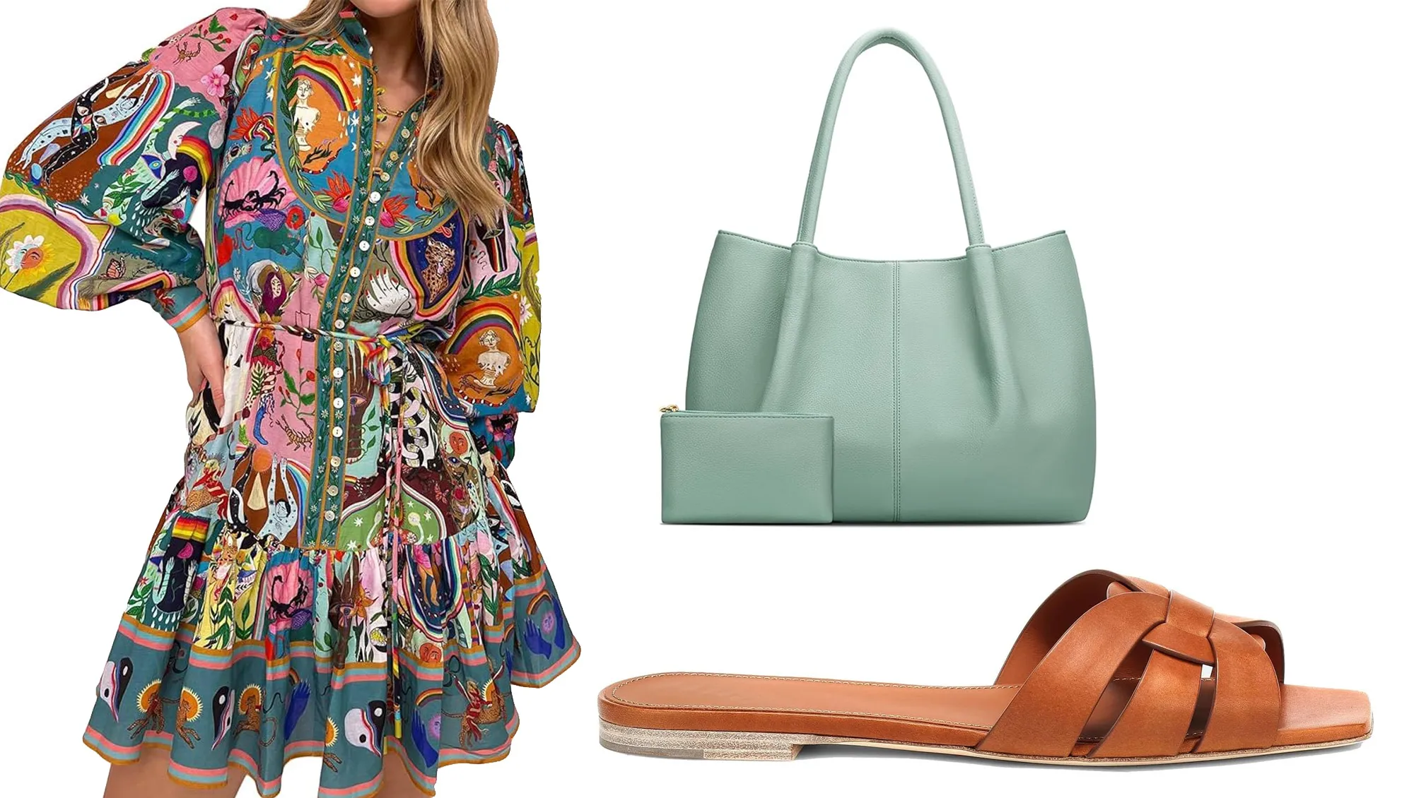 colorful dress, tan sandals and green bag Amazon