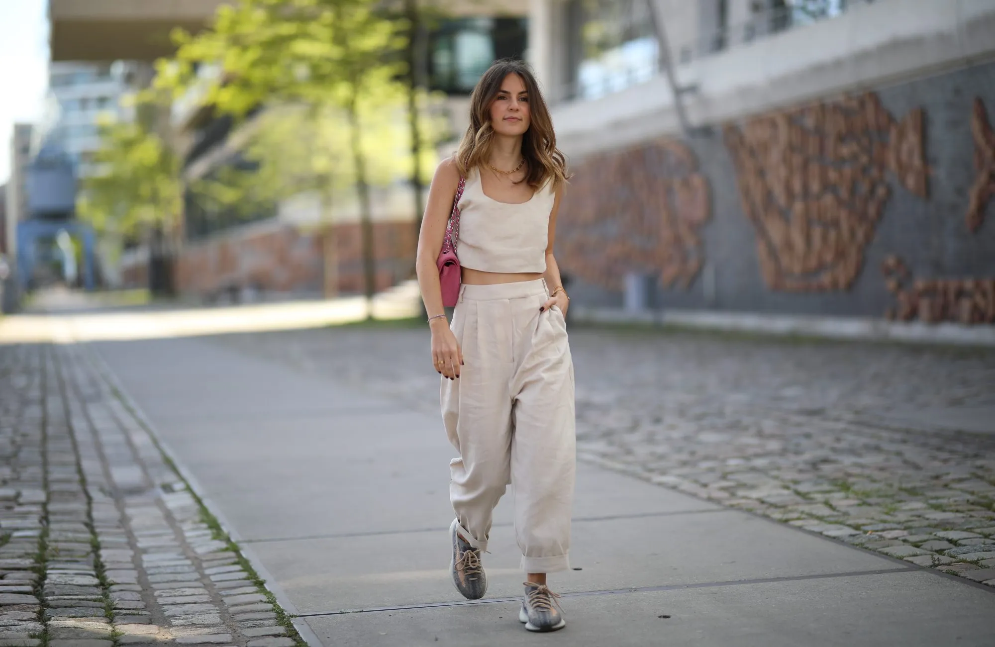 HAMBURG, GERMANY - MAY 28: Sonja Paszkowiak wearing Two piece by Aylin Koenig, Chanel bag and Adidas x yeezy sneaker on May 28, 2020 in Hamburg, Germany. (Photo by Jeremy Moeller/Getty Images)