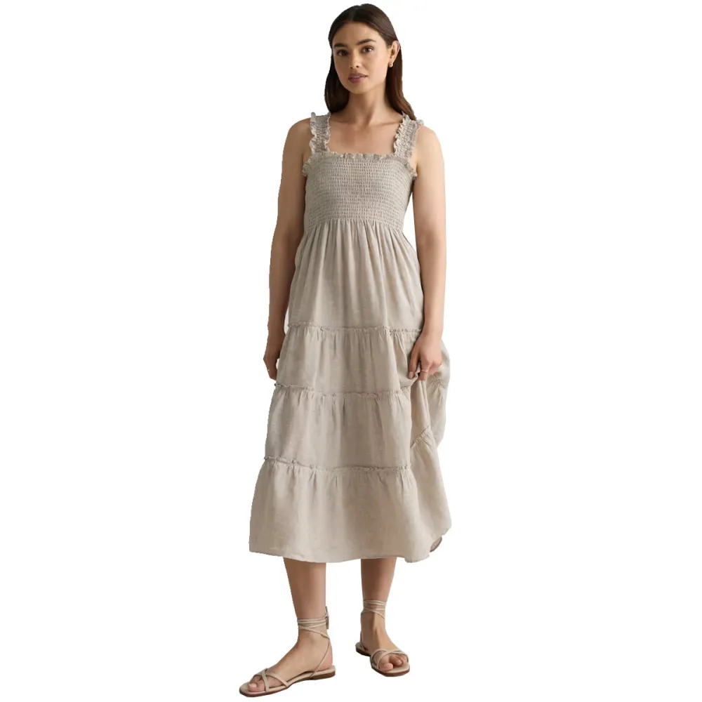 100% European Linen Smocked Midi Dress