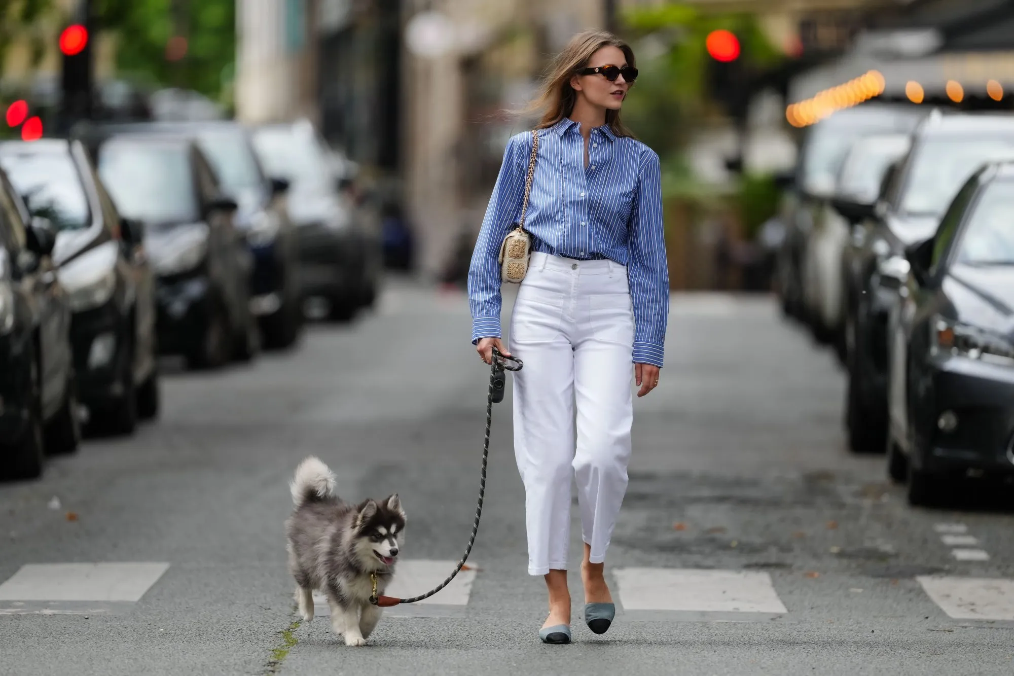 PARIS, FRANCE - MAY 20: Segolene Hyppolite wears sunglasses, a blue and white oversized shirt from Tommy Hilfiger, a raffia beige bag from Vanessa Bruno, high waist white denim pants from Vanessa Bruno, Chanel slingback shoes in blue denim with black tips, walks with her husky dog /pet which she holds with a striped leash, during a street style fashion photo session, on May 20, 2024 in Paris, France. (Photo by Edward Berthelot/Getty Images)