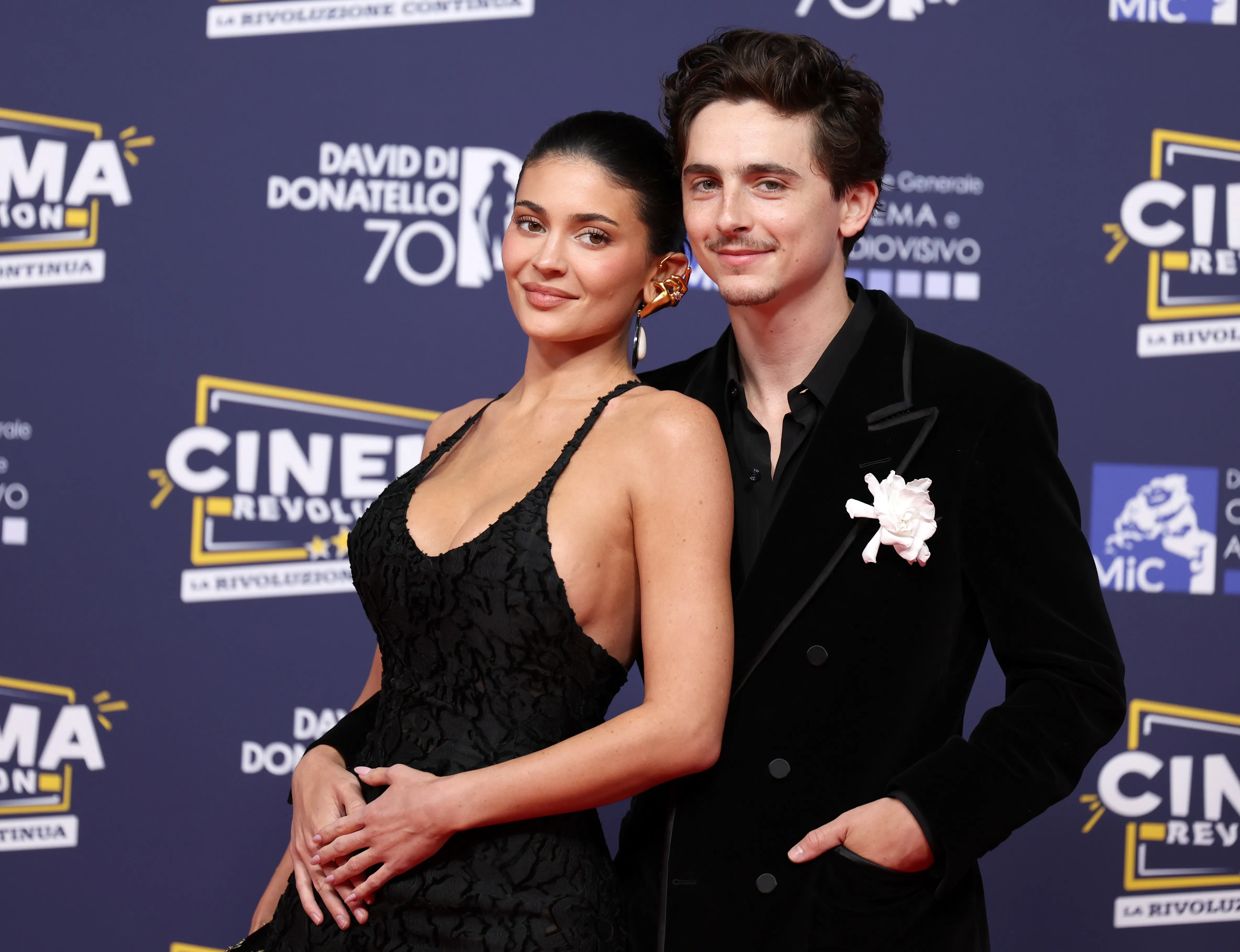 Kylie Jenner and Timoth&eacute;e Chalamet on the red carpet at the 2025 David di Donatello Awards.