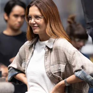 Katie Holmes is seen on the set of "Happy Hours" on August 05, 2025 in New York City.