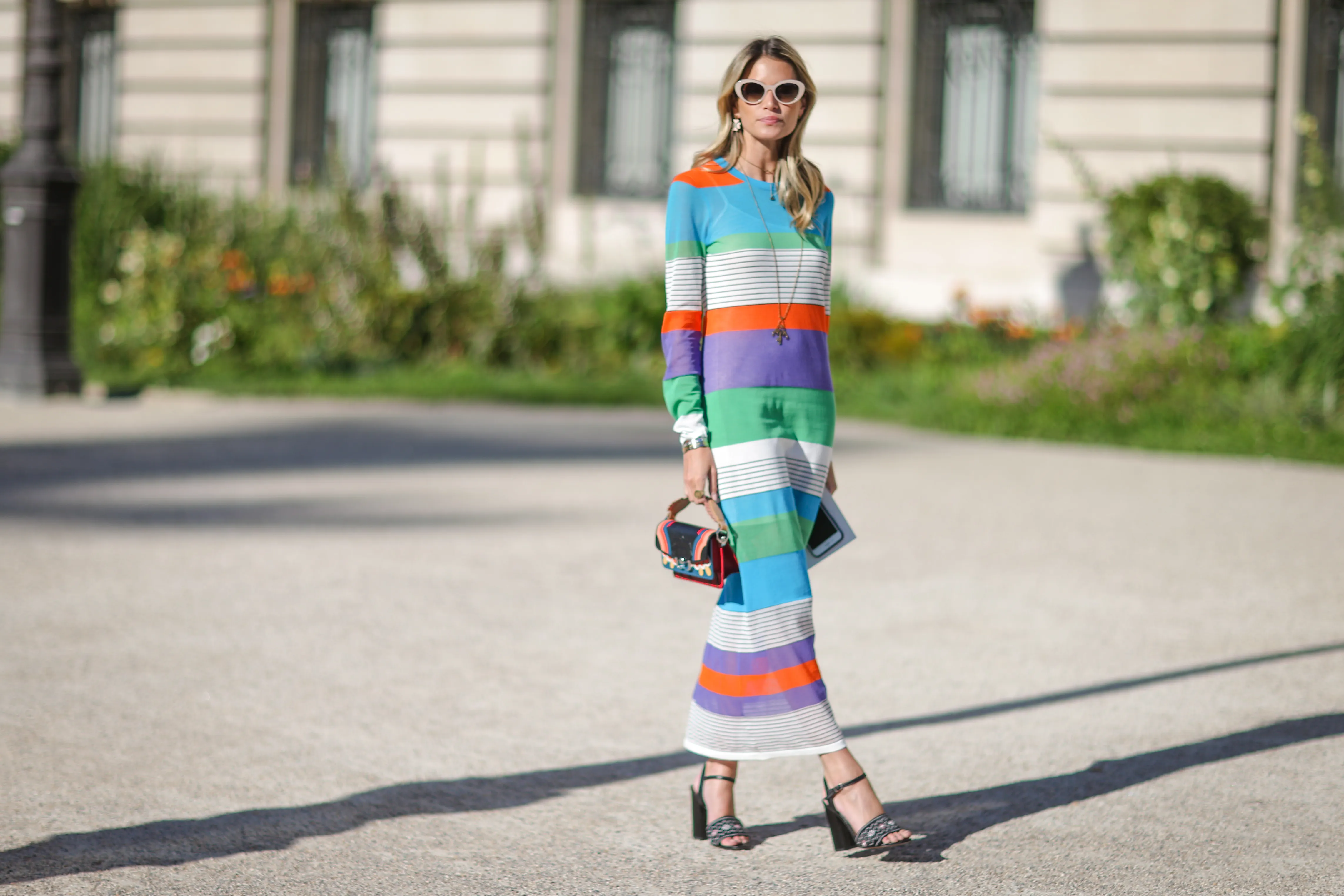 Helena Bordon wears sunglasses, a striped dress, outside the Giambattista Valli show, during Paris Fashion Week - Haute Couture Fall/Winter 2017-2018, on July 3, 2017 in Paris, France. (Photo by Edward Berthelot/Getty Images)