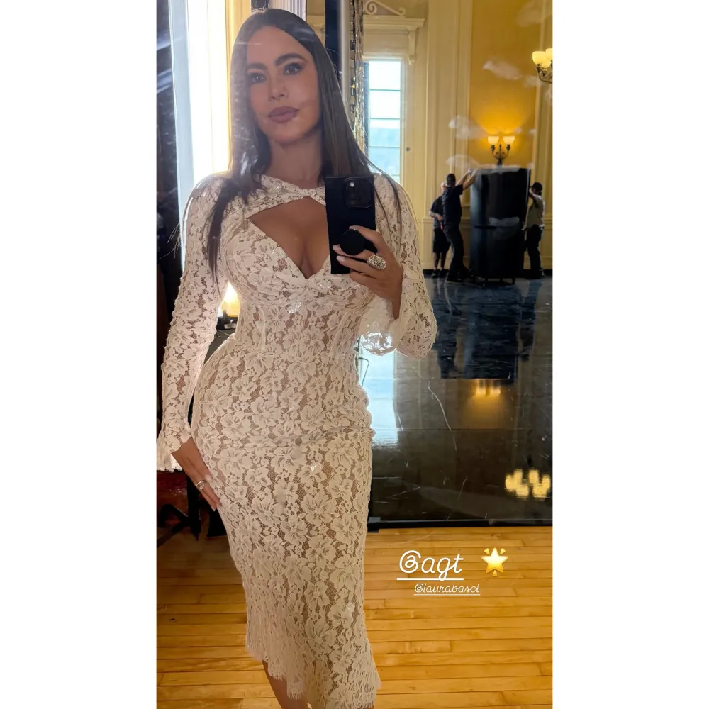 Sofia Vergara Shows Off Her Figure in Cleavage Baring Lace Dress