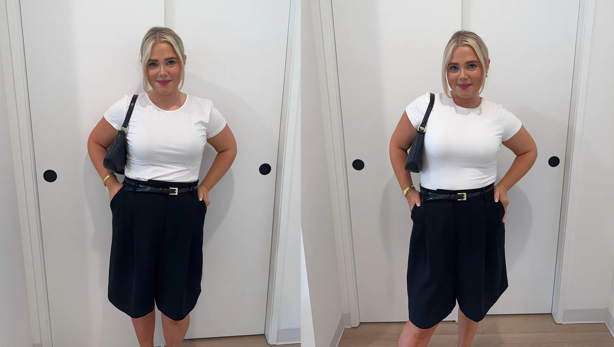 Olivia Hanson in white T-shirt and black shorts