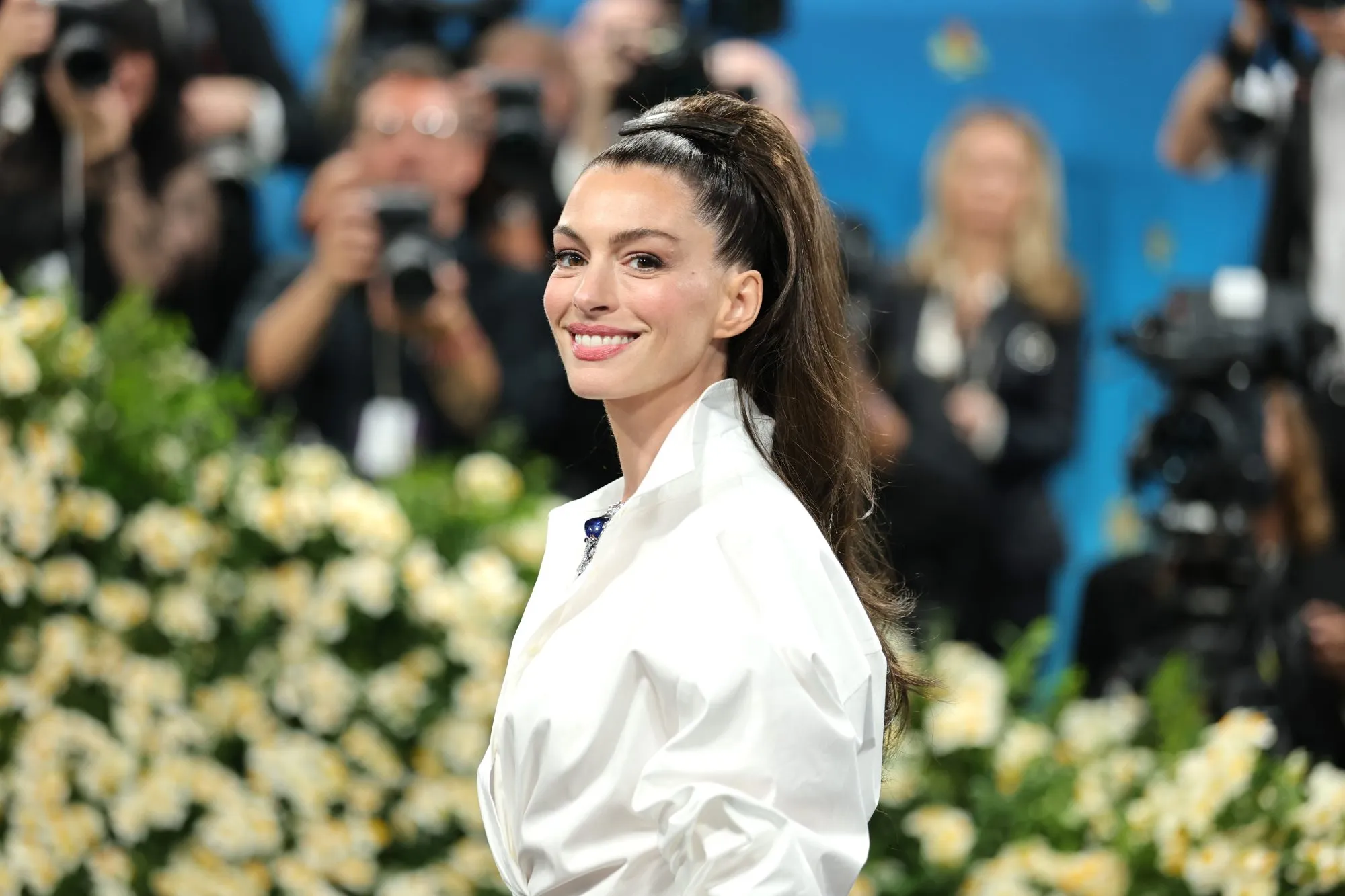 NEW YORK, NEW YORK - MAY 05: Anne Hathaway attends the 2025 Met Gala Celebrating "Superfine: Tailoring Black Style" at Metropolitan Museum of Art on May 05, 2025 in New York City. (Photo by Dia Dipasupil/Getty Images)